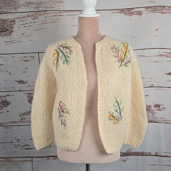 Vintage Blairmoore Wool Mohair Cardigan Embroidered Cream Size Large - Picture 1 of 6